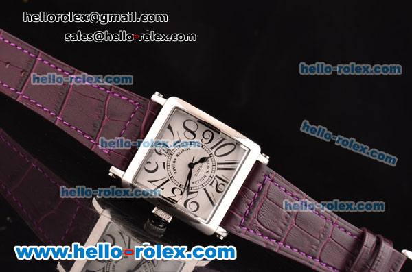 Franck Muller Master Square Swiss Quartz Steel Case with Numeral Markers White Dial and Purple Leather Strap - Click Image to Close